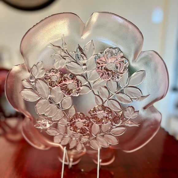 Vintage Mikasa Rosella Pink Crystal Platter Frosted Roses Walther-Glas 1990s 13” - Picture 5 of 9